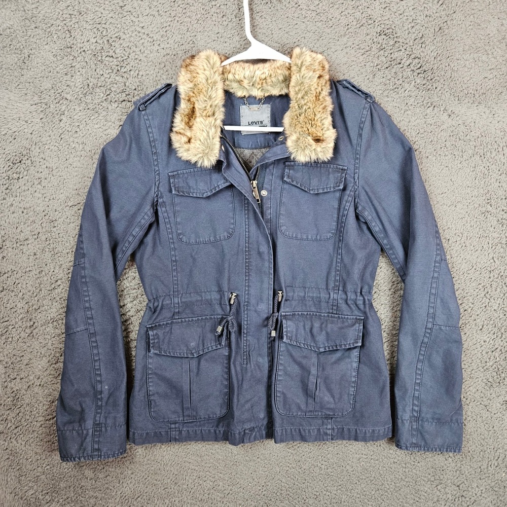 Levis Womens Small Blue Jacket Faux Fur Collar Wool Blend Lining